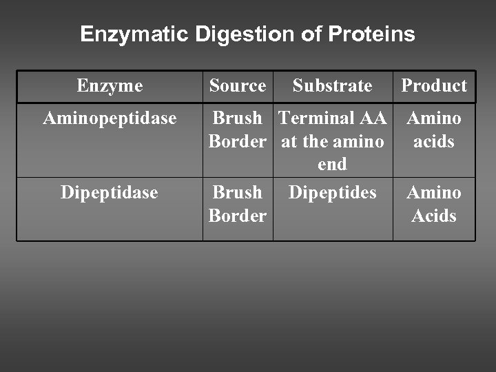 Enzymatic Digestion of Proteins Enzyme Aminopeptidase Dipeptidase Source Substrate Product Brush Terminal AA Amino