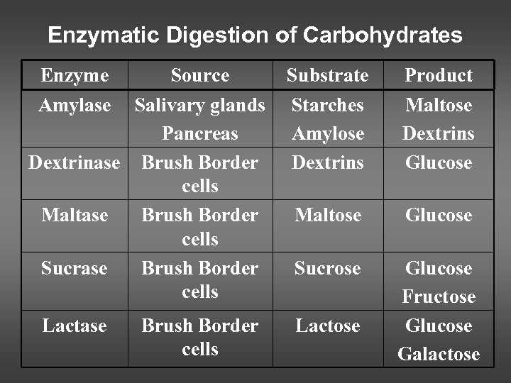 Enzymatic Digestion of Carbohydrates Enzyme Amylase Source Salivary glands Pancreas Dextrinase Brush Border cells