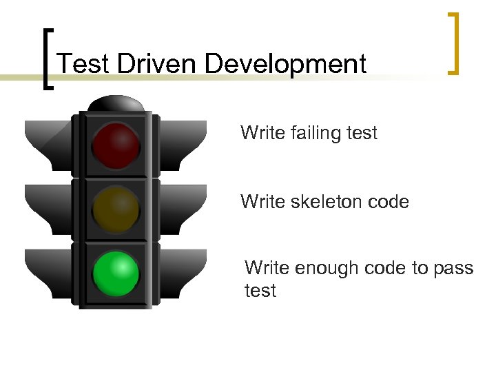 Test Driven Development Write failing test Write skeleton code Write enough code to pass