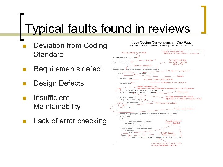 Typical faults found in reviews n Deviation from Coding Standard n Requirements defect n