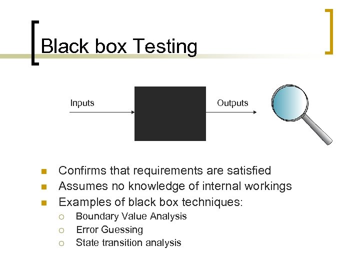 Black box Testing Inputs n n n Outputs Confirms that requirements are satisfied Assumes