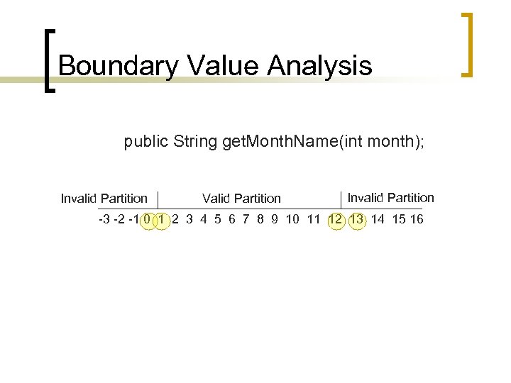 Boundary Value Analysis public String get. Month. Name(int month); Invalid Partition Valid Partition Invalid