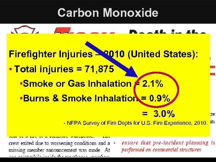 Carbon Monoxide Firefighter Injuries – 2010 (United States): • Total injuries = 71, 875