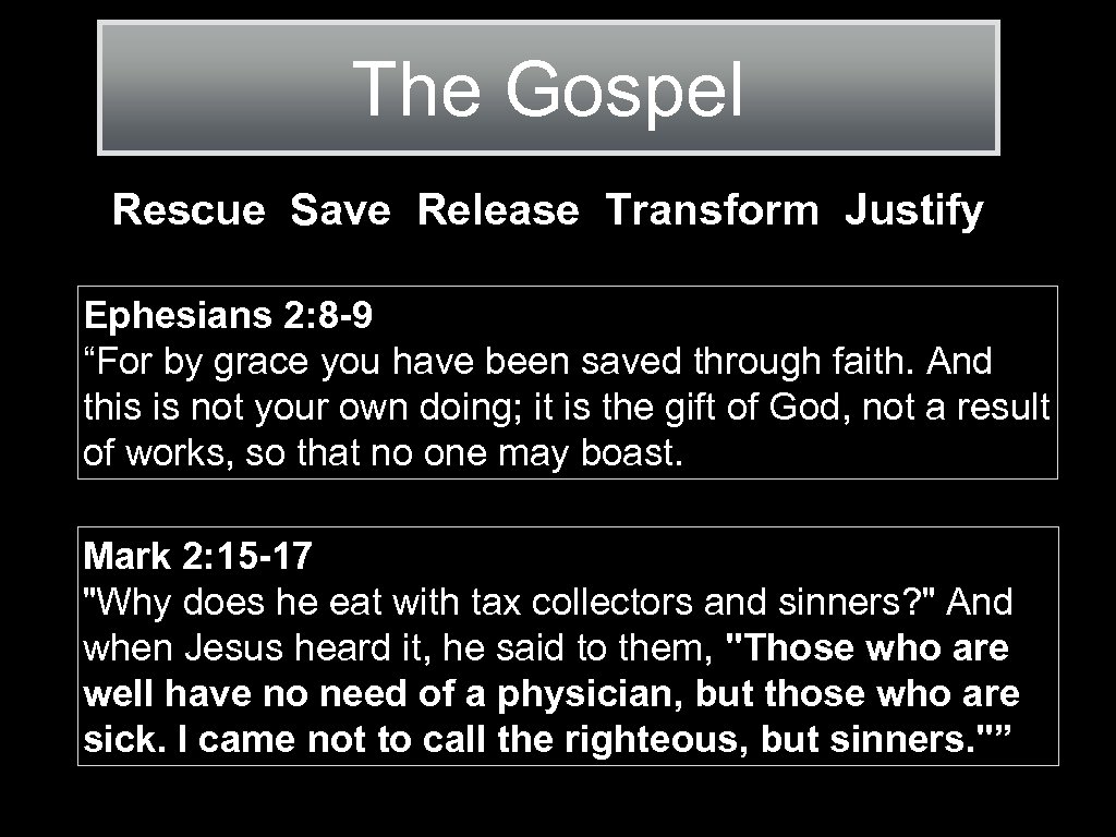 The Gospel Rescue Save Release Transform Justify Ephesians 2: 8 -9 “For by grace