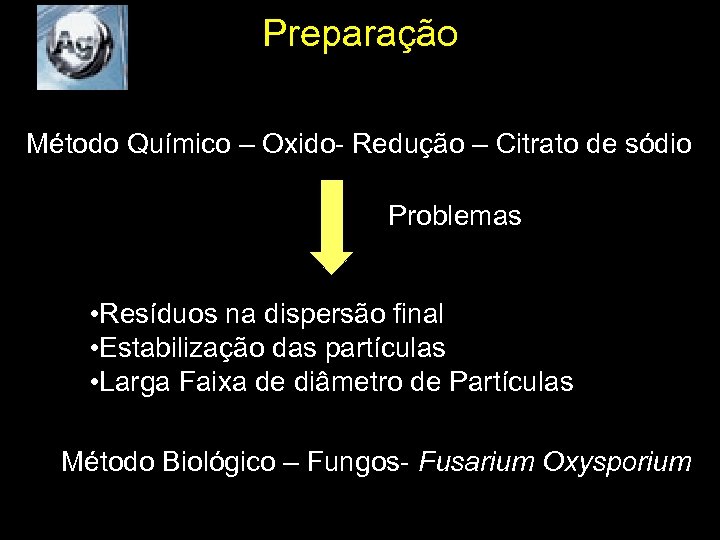 Preparação Método Químico – Oxido- Redução – Citrato de sódio Problemas • Resíduos na