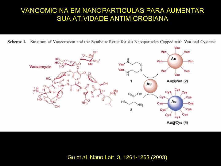 VANCOMICINA EM NANOPARTICULAS PARA AUMENTAR SUA ATIVIDADE ANTIMICROBIANA Gu et al. Nano Lett. 3,