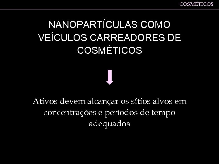 COSMÉTICOS NANOPARTÍCULAS COMO VEÍCULOS CARREADORES DE COSMÉTICOS Ativos devem alcançar os sítios alvos em