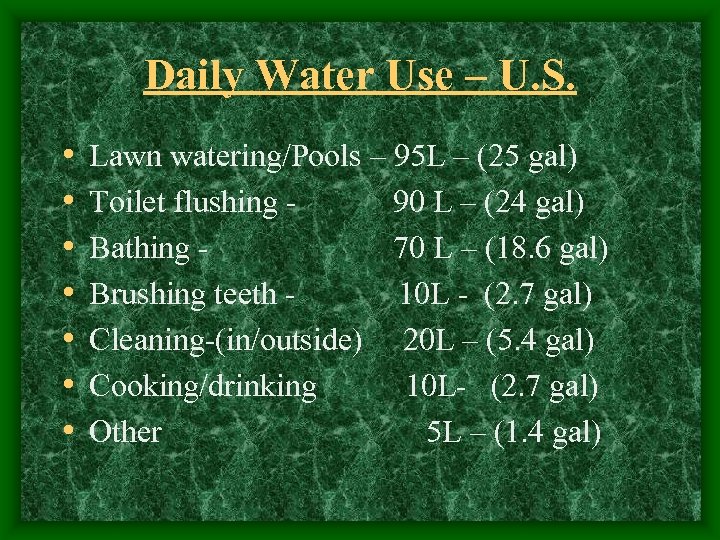 Daily Water Use – U. S. • • Lawn watering/Pools – 95 L –