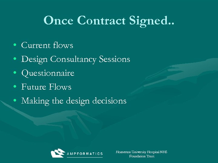 Once Contract Signed. . • • • Current flows Design Consultancy Sessions Questionnaire Future