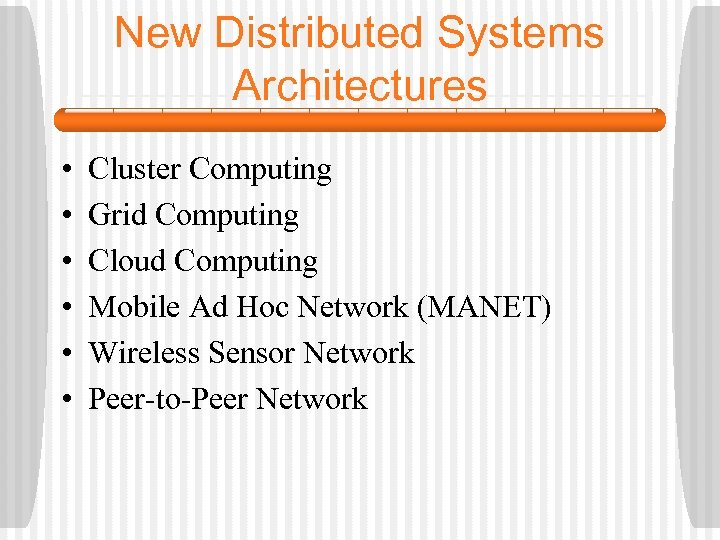 New Distributed Systems Architectures • • • Cluster Computing Grid Computing Cloud Computing Mobile