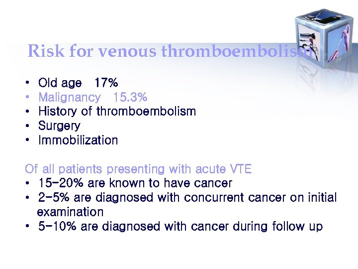 Risk for venous thromboembolism • • • Old age 17% Malignancy 15. 3% History