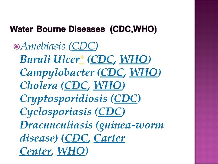 Water Bourne Diseases (CDC, WHO) Amebiasis (CDC) Buruli Ulcer* (CDC, WHO) Campylobacter (CDC, WHO)