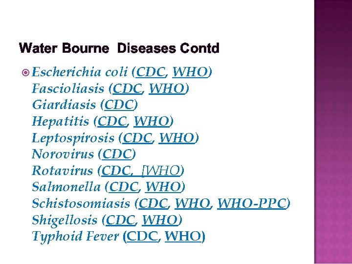 Water Bourne Diseases Contd Escherichia coli (CDC, WHO) Fascioliasis (CDC, WHO) Giardiasis (CDC) Hepatitis