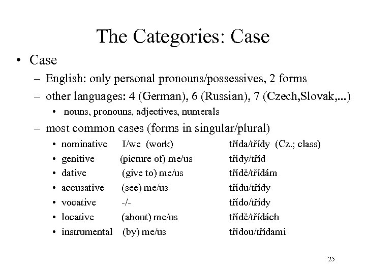 The Categories: Case • Case – English: only personal pronouns/possessives, 2 forms – other