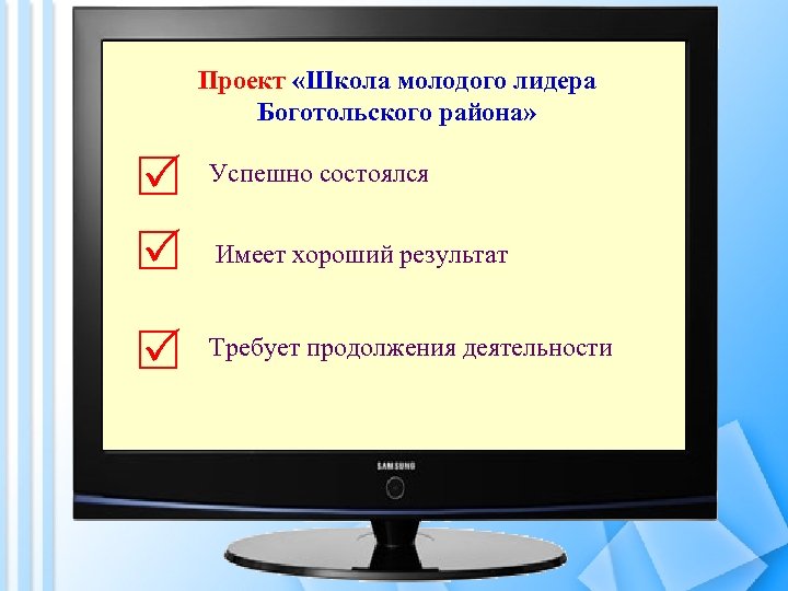 Проект «Школа молодого лидера Боготольского района» Успешно состоялся Требует продолжения деятельности Имеет хороший результат