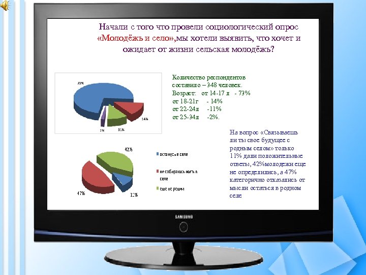 Начали с того что провели социологический опрос «Молодёжь и село» , мы хотели выявить,