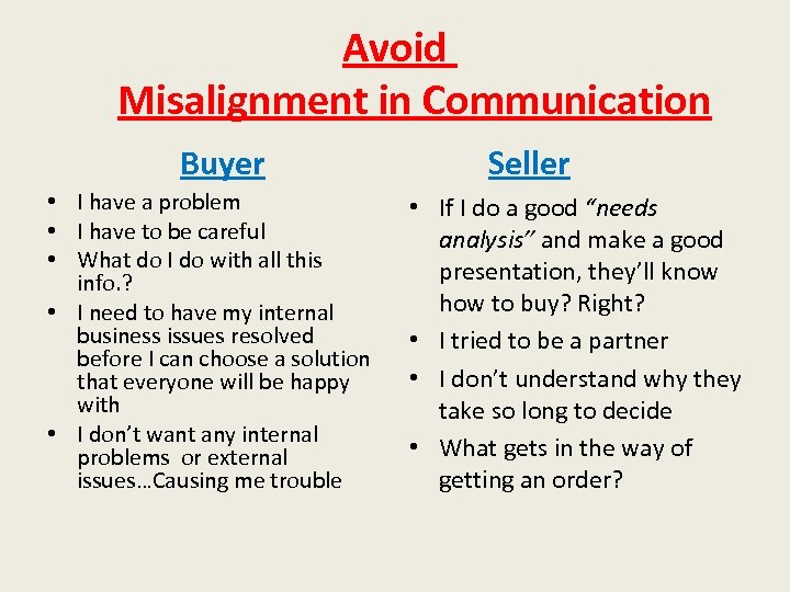 Avoid Misalignment in Communication Buyer • I have a problem • I have to