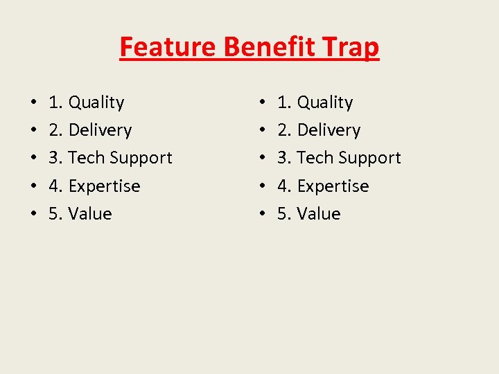 Feature Benefit Trap • • • 1. Quality 2. Delivery 3. Tech Support 4.