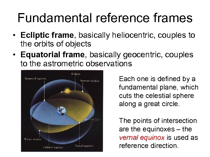 Fundamental reference frames • Ecliptic frame, basically heliocentric, couples to the orbits of objects