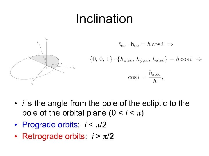 Inclination • i is the angle from the pole of the ecliptic to the