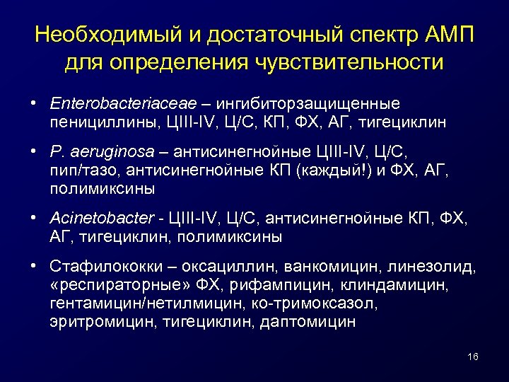 Необходимый и достаточный спектр АМП для определения чувствительности • Enterobacteriaceae – ингибиторзащищенные пенициллины, ЦIII-IV,