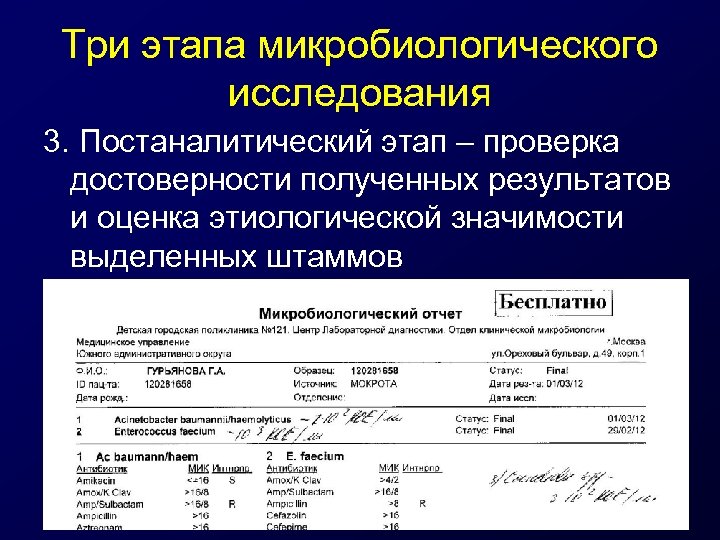 Три этапа микробиологического исследования 3. Постаналитический этап – проверка достоверности полученных результатов и оценка