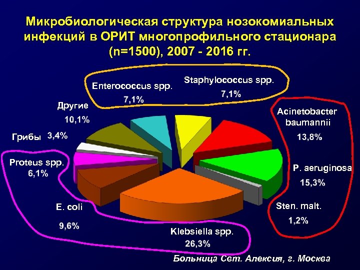 Микробиологическая структура нозокомиальных инфекций в ОРИТ многопрофильного стационара (n=1500), 2007 - 2016 гг. Enterococcus