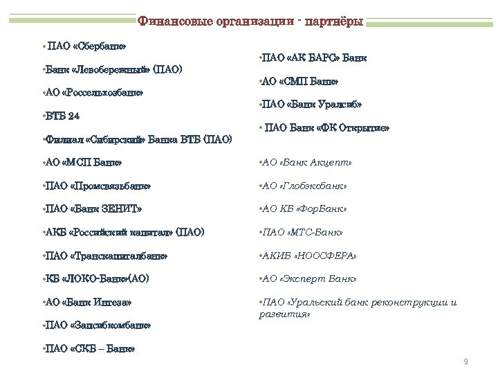 Финансовые организации - партнёры • ПАО «Сбербанк» • Банк «Левобережный» (ПАО) • АО «Россельхозбанк»
