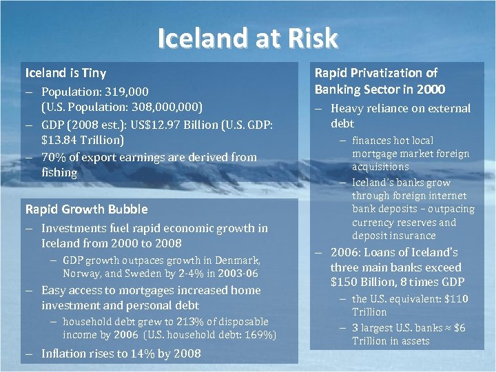 Iceland at Risk Iceland is Tiny – Population: 319, 000 (U. S. Population: 308,