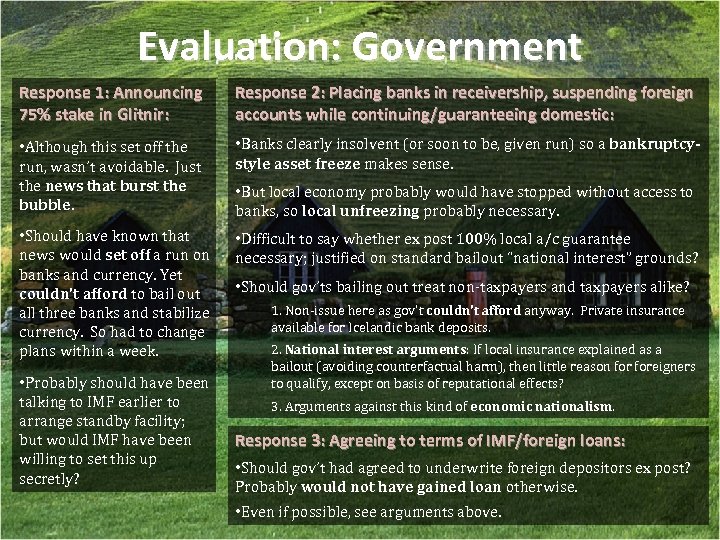 Evaluation: Government Response 1: Announcing 75% stake in Glitnir: Response 2: Placing banks in