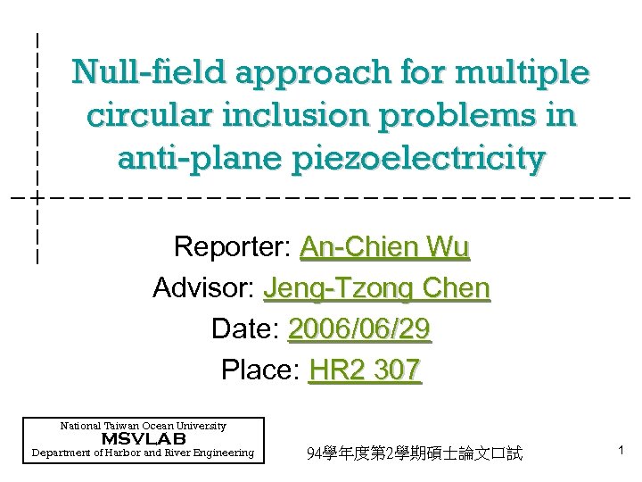 Null-field approach for multiple circular inclusion problems in anti-plane piezoelectricity Reporter: An-Chien Wu Advisor:
