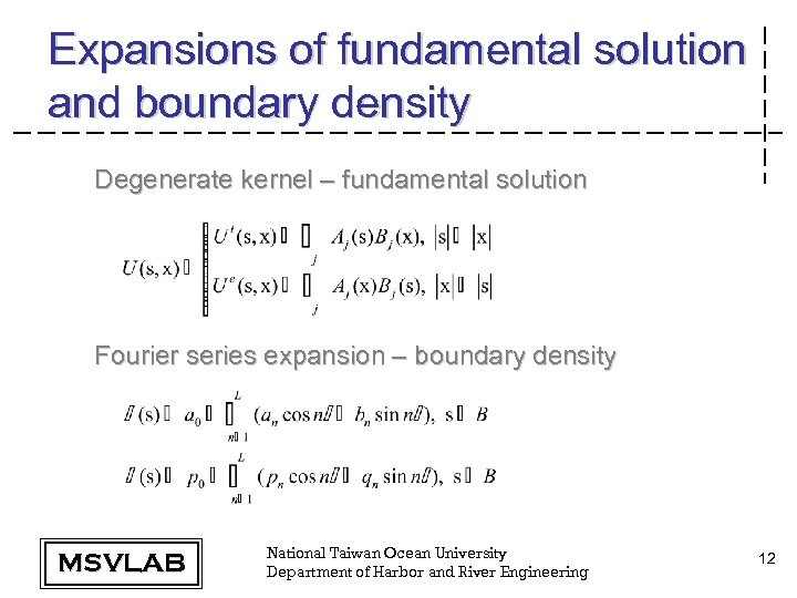 Expansions of fundamental solution and boundary density Degenerate kernel – fundamental solution Fourier series