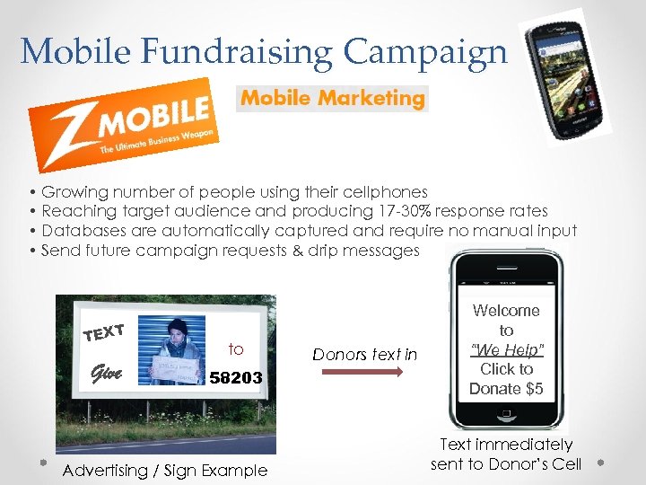 Mobile Fundraising Campaign • • Growing number of people using their cellphones Reaching target