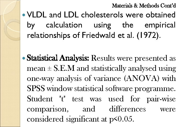Materials & Methods Cont’d VLDL and LDL cholesterols were obtained by calculation using the