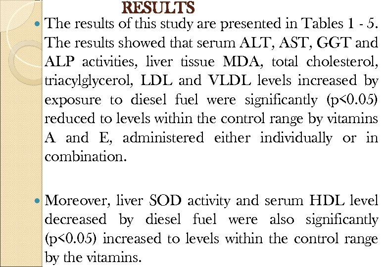RESULTS The results of this study are presented in Tables 1 - 5. The