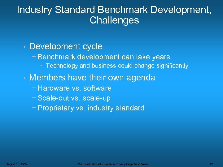 Industry Standard Benchmark Development, Challenges • Development cycle − Benchmark development can take years