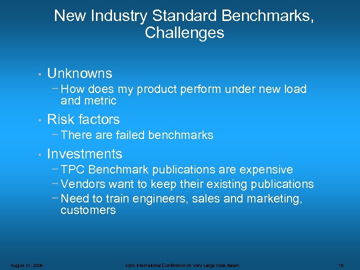 New Industry Standard Benchmarks, Challenges • Unknowns − How does my product perform under