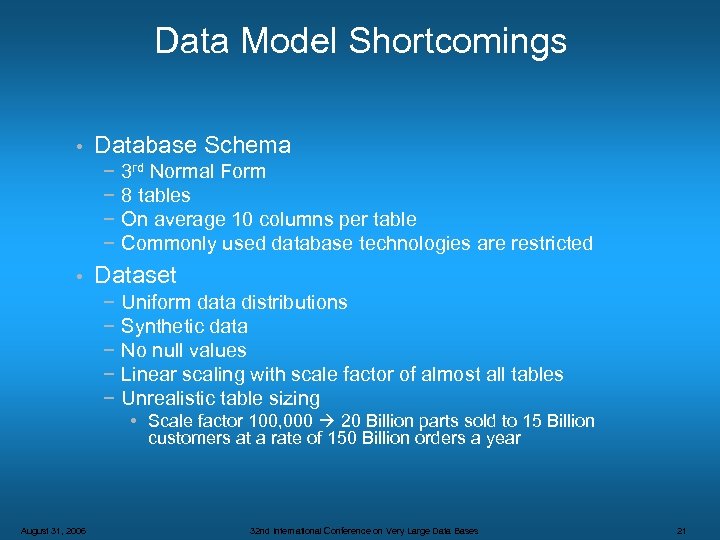 Data Model Shortcomings • Database Schema − 3 rd Normal Form − 8 tables