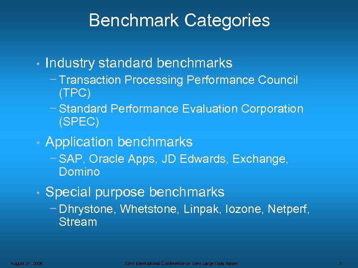 Benchmark Categories • Industry standard benchmarks − Transaction Processing Performance Council (TPC) − Standard