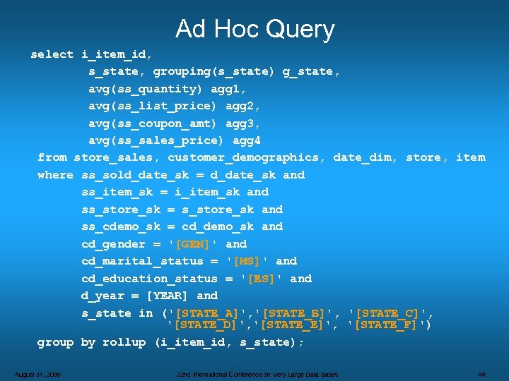 Ad Hoc Query select i_item_id, s_state, grouping(s_state) g_state, avg(ss_quantity) agg 1, avg(ss_list_price) agg 2,