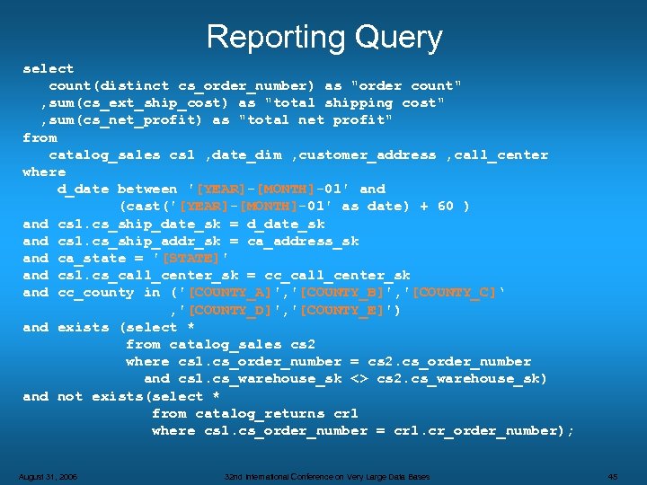 Reporting Query select count(distinct cs_order_number) as 