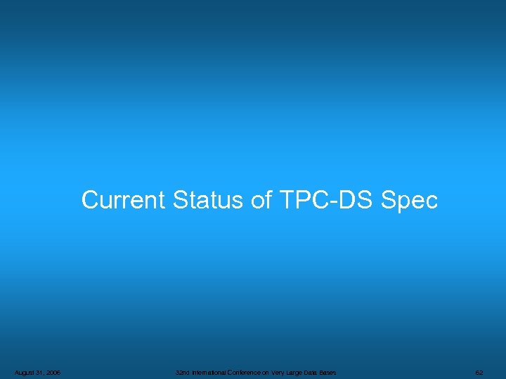 Current Status of TPC-DS Spec August 31, 2006 32 nd International Conference on Very