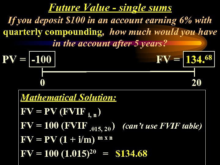 Future Value - single sums If you deposit $100 in an account earning 6%