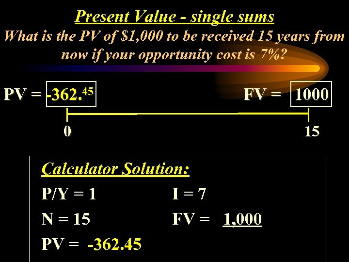 Present Value - single sums What is the PV of $1, 000 to be