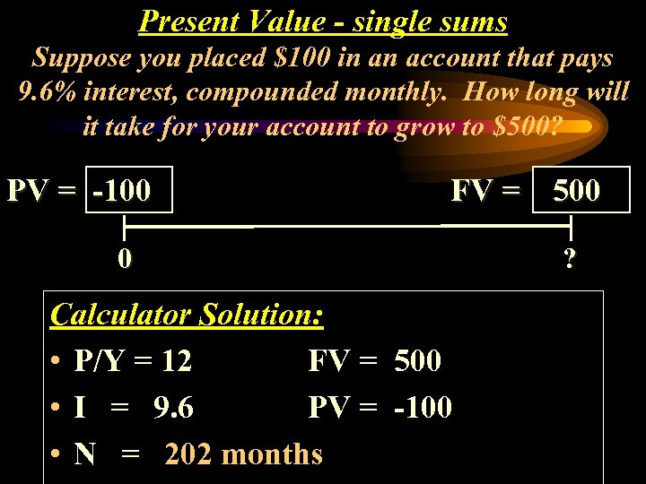 Present Value - single sums Suppose you placed $100 in an account that pays