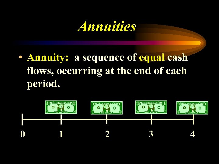 Annuities • Annuity: a sequence of equal cash flows, occurring at the end of