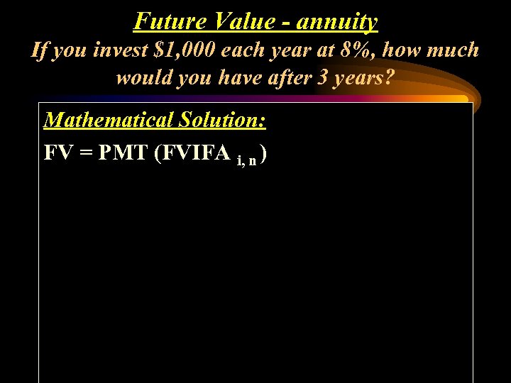 Future Value - annuity If you invest $1, 000 each year at 8%, how