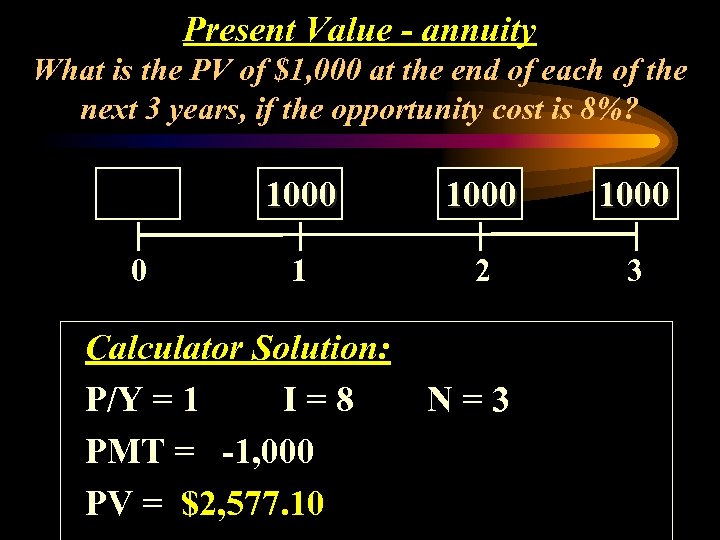 Present Value - annuity What is the PV of $1, 000 at the end