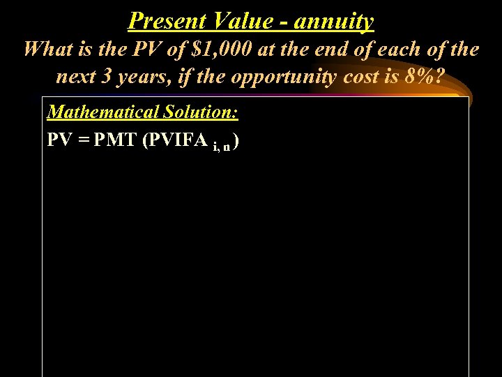 Present Value - annuity What is the PV of $1, 000 at the end