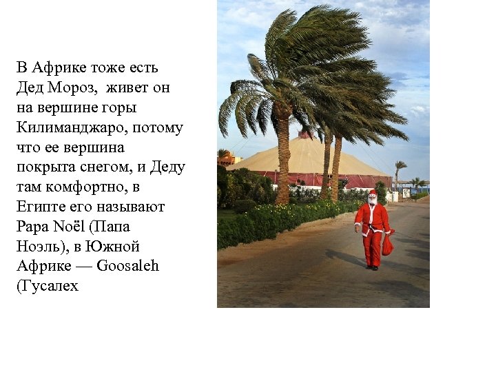 Гусалех В Африке тоже есть Дед Мороз, живет он на вершине горы Килиманджаро, потому